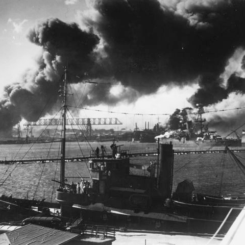 Pearl Harbor, Hawaii. Smoke rises from the Japanese attack on December 7, 1941.
